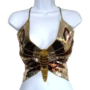 Y2K Sequin Butterfly Backless Tie Top Gold Size L-XL Festival Rave Fairy Club
